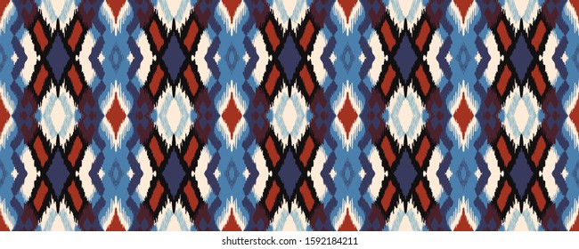 Ikat geometric folklore ornament with diamonds. Tribal ethnic vector texture. Seamless striped pattern in Aztec style. Folk embroidery. Indian, Scandinavian, Gypsy, Mexican, African rug.