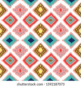 Ikat geometric folklore ornament with diamonds. Tribal ethnic vector texture. Seamless striped pattern in Aztec style. Folk embroidery. Indian, Scandinavian, Gypsy, Mexican, African rug.