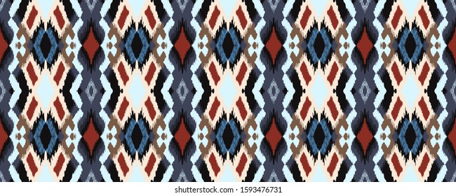 Ikat geometric folklore ornament with diamonds. Tribal ethnic vector texture. Seamless striped pattern in Aztec style. Folk embroidery. Indian, Scandinavian, Gypsy, Mexican, African rug.