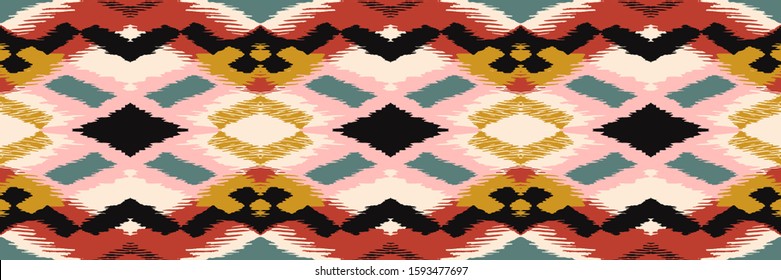 Ikat geometric folklore ornament with diamonds. Tribal ethnic vector texture. Seamless striped pattern in Aztec style. Folk embroidery. Indian, Scandinavian, Gypsy, Mexican, African rug.