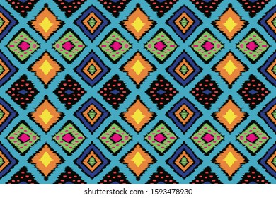 Ikat geometric folklore ornament with diamonds. Tribal ethnic vector texture. Seamless striped pattern in Aztec style. Folk embroidery. Indian, Scandinavian, Gypsy, Mexican, African rug.