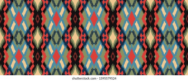 Ikat geometric folklore ornament with diamonds. Tribal ethnic vector texture. Seamless striped pattern in Aztec style. Folk embroidery. Indian, Scandinavian, Gypsy, Mexican, African rug.