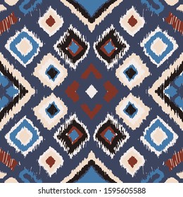 Ikat geometric folklore ornament with diamonds. Tribal ethnic vector texture. Seamless striped pattern in Aztec style. Folk embroidery. Indian, Scandinavian, Gypsy, Mexican, African rug. 