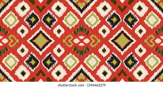 Ikat geometric folklore ornament with diamonds. Tribal ethnic vector texture. Seamless striped pattern in Aztec style. Folk embroidery. Indian, Scandinavian, Gypsy, Mexican, African rug. 