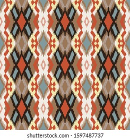Ikat geometric folklore ornament with diamonds. Tribal ethnic vector texture. Seamless striped pattern in Aztec style. Folk embroidery. Indian, Scandinavian, Gypsy, Mexican, African rug.