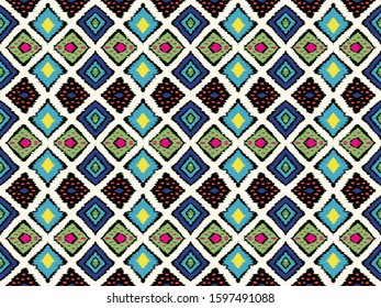 Ikat geometric folklore ornament with diamonds. Tribal ethnic vector texture. Seamless striped pattern in Aztec style. Folk embroidery. Indian, Scandinavian, Gypsy, Mexican, African rug.