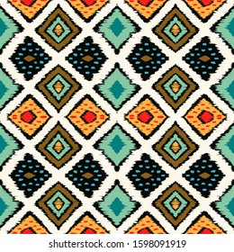Ikat geometric folklore ornament with diamonds. Tribal ethnic vector texture. Seamless striped pattern in Aztec style. Folk embroidery. Indian, Scandinavian, Gypsy, Mexican, African rug.