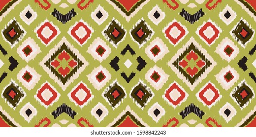 Ikat geometric folklore ornament with diamonds. Tribal ethnic vector texture. Seamless striped pattern in Aztec style. Folk embroidery. Indian, Scandinavian, Gypsy, Mexican, African rug. 