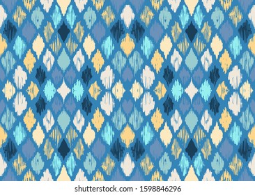 Ikat geometric folklore ornament with diamonds. Tribal ethnic vector texture. Seamless striped pattern in Aztec style. Folk embroidery. Indian, Scandinavian, Gypsy, Mexican, African rug.