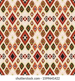 Ikat geometric folklore ornament with diamonds. Tribal ethnic vector texture. Seamless striped pattern in Aztec style. Folk embroidery. Indian, Scandinavian, Gypsy, Mexican, African rug. 