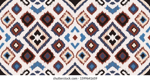 Ikat geometric folklore ornament with diamonds. Tribal ethnic vector texture. Seamless striped pattern in Aztec style. Folk embroidery. Indian, Scandinavian, Gypsy, Mexican, African rug. 