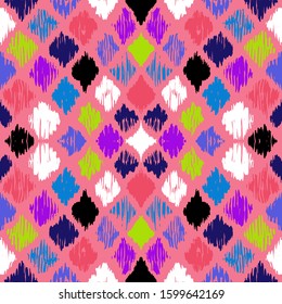 Ikat geometric folklore ornament with diamonds. Tribal ethnic vector texture. Seamless striped pattern in Aztec style. Folk embroidery. Indian, Scandinavian, Gypsy, Mexican, African rug.