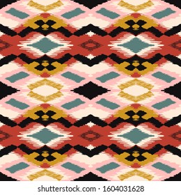 Ikat geometric folklore ornament with diamonds. Tribal ethnic vector texture. Seamless striped pattern in Aztec style. Folk embroidery. Indian, Scandinavian, Gypsy, Mexican, African rug.