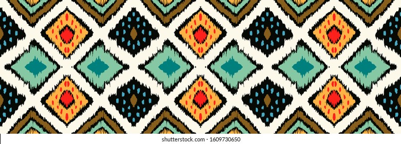 Ikat geometric folklore ornament with diamonds. Tribal ethnic vector texture. Seamless striped pattern in Aztec style. Folk embroidery. Indian, Scandinavian, Gypsy, Mexican, African rug.