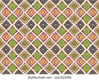 Ikat geometric folklore ornament with diamonds. Tribal ethnic vector texture. Seamless striped pattern in Aztec style. Folk embroidery. Indian, Scandinavian, Gypsy, Mexican, African rug.