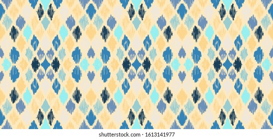 Ikat geometric folklore ornament with diamonds. Tribal ethnic vector texture. Seamless striped pattern in Aztec style. Folk embroidery. Indian, Scandinavian, Gypsy, Mexican, African rug.
