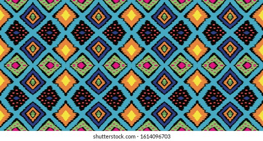 Ikat geometric folklore ornament with diamonds. Tribal ethnic vector texture. Seamless striped pattern in Aztec style. Folk embroidery. Indian, Scandinavian, Gypsy, Mexican, African rug.