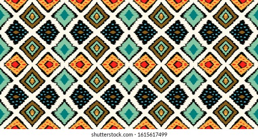 Ikat geometric folklore ornament with diamonds. Tribal ethnic vector texture. Seamless striped pattern in Aztec style. Folk embroidery. Indian, Scandinavian, Gypsy, Mexican, African rug.