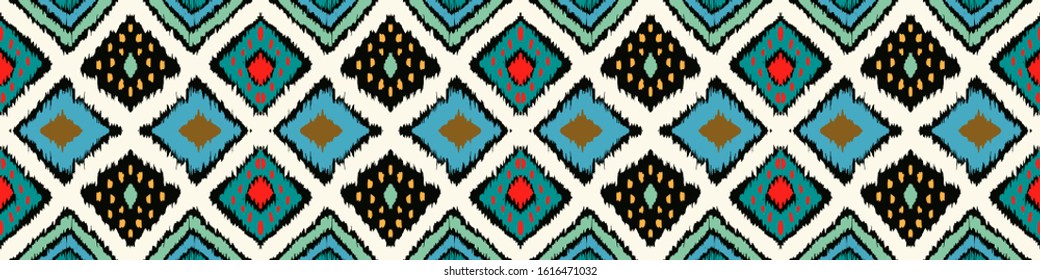 Ikat geometric folklore ornament with diamonds. Tribal ethnic vector texture. Seamless striped pattern in Aztec style. Folk embroidery. Indian, Scandinavian, Gypsy, Mexican, African rug.