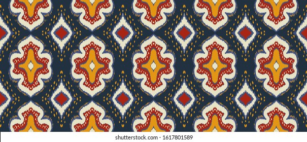 Ikat geometric folklore ornament with diamonds. Damask rug. Tribal ethnic vector texture. Persian geo print. Seamless pattern in Aztec style. Folk embroidery. Gypsy, Mexican, African print. 