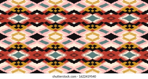 Ikat geometric folklore ornament with diamonds. Tribal ethnic vector texture. Seamless striped pattern in Aztec style. Folk embroidery. Indian, Scandinavian, Gypsy, Mexican, African rug.