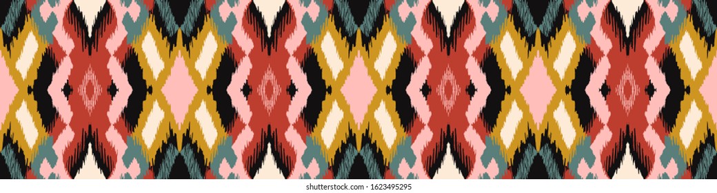 Ikat geometric folklore ornament with diamonds. Tribal ethnic vector texture. Seamless striped pattern in Aztec style. Folk embroidery. Indian, Scandinavian, Gypsy, Mexican, African rug.