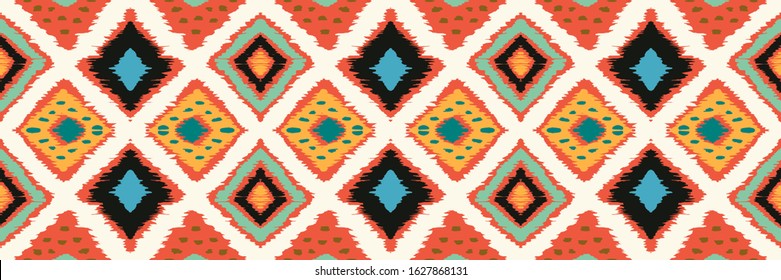 Ikat geometric folklore ornament with diamonds. Tribal ethnic vector texture. Seamless striped pattern in Aztec style. Folk embroidery. Indian, Scandinavian, Gypsy, Mexican, African rug.