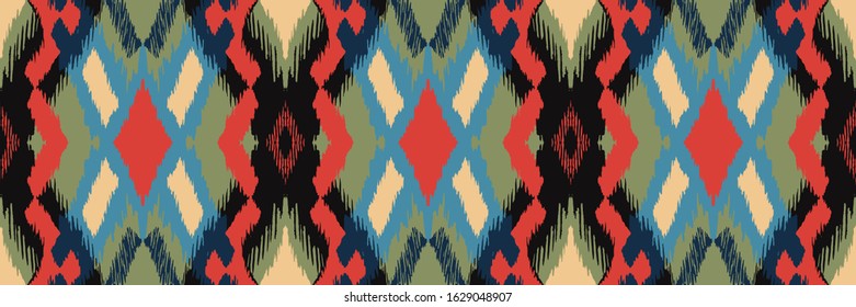 Ikat geometric folklore ornament with diamonds. Tribal ethnic vector texture. Seamless striped pattern in Aztec style. Folk embroidery. Indian, Scandinavian, Gypsy, Mexican, African rug.