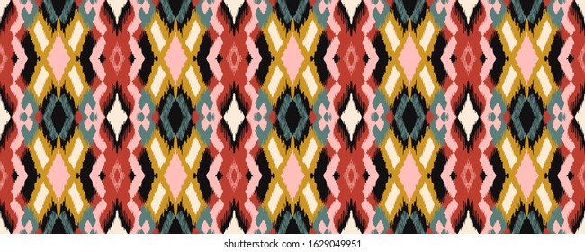 Ikat geometric folklore ornament with diamonds. Tribal ethnic vector texture. Seamless striped pattern in Aztec style. Folk embroidery. Indian, Scandinavian, Gypsy, Mexican, African rug.