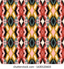 Ikat geometric folklore ornament with diamonds. Tribal ethnic vector texture. Seamless striped pattern in Aztec style. Folk embroidery. Indian, Scandinavian, Gypsy, Mexican, African rug.