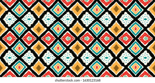 Ikat geometric folklore ornament with diamonds. Tribal ethnic vector texture. Seamless striped pattern in Aztec style. Folk embroidery. Indian, Scandinavian, Gypsy, Mexican, African rug.