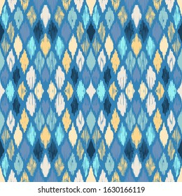 Ikat geometric folklore ornament with diamonds. Tribal ethnic vector texture. Seamless striped pattern in Aztec style. Folk embroidery. Indian, Scandinavian, Gypsy, Mexican, African rug.