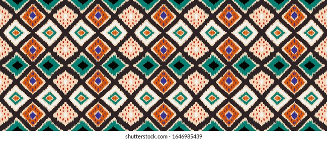 Ikat geometric folklore ornament with diamonds. Tribal ethnic vector texture. Seamless striped pattern in Aztec style. Folk embroidery. Indian, Scandinavian, Gypsy, Mexican, African rug.