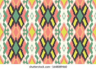 Ikat geometric folklore ornament with diamonds. Tribal ethnic vector texture. Seamless striped pattern in Aztec style. Folk embroidery. Indian, Scandinavian, Gypsy, Mexican, African rug.