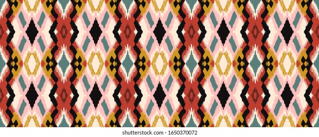 Ikat geometric folklore ornament with diamonds. Tribal ethnic vector texture. Seamless striped pattern in Aztec style. Folk embroidery. Indian, Scandinavian, Gypsy, Mexican, African rug.