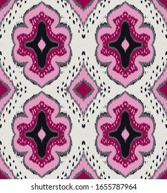 Ikat geometric folklore ornament with diamonds. Damask rug. Tribal ethnic vector texture. Persian geo print. Seamless pattern in Aztec style. Folk embroidery. Gypsy, Mexican, African print. 