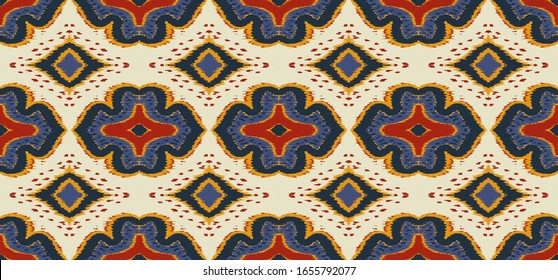 Ikat geometric folklore ornament with diamonds. Damask rug. Tribal ethnic vector texture. Persian geo print. Seamless pattern in Aztec style. Folk embroidery. Gypsy, Mexican, African print. 