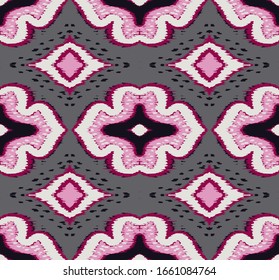 Ikat geometric folklore ornament with diamonds. Damask rug. Tribal ethnic vector texture. Persian geo print. Seamless pattern in Aztec style. Folk embroidery. Gypsy, Mexican, African print. 