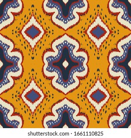 Ikat geometric folklore ornament with diamonds. Damask rug. Tribal ethnic vector texture. Persian geo print. Seamless pattern in Aztec style. Folk embroidery. Gypsy, Mexican, African print. 