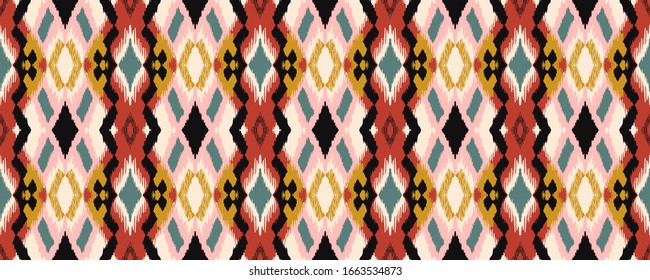 Ikat geometric folklore ornament with diamonds. Tribal ethnic vector texture. Seamless striped pattern in Aztec style. Folk embroidery. Indian, Scandinavian, Gypsy, Mexican, African rug.