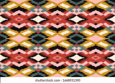 Ikat geometric folklore ornament with diamonds. Tribal ethnic vector texture. Seamless striped pattern in Aztec style. Folk embroidery. Indian, Scandinavian, Gypsy, Mexican, African rug.