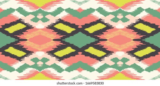 Ikat geometric folklore ornament with diamonds. Tribal ethnic vector texture. Seamless striped pattern in Aztec style. Folk embroidery. Indian, Scandinavian, Gypsy, Mexican, African rug.