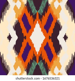 Ikat geometric folklore ornament with diamonds. Tribal ethnic vector texture. Seamless striped pattern in Aztec style. Folk embroidery. Indian, Scandinavian, Gypsy, Mexican, African rug.