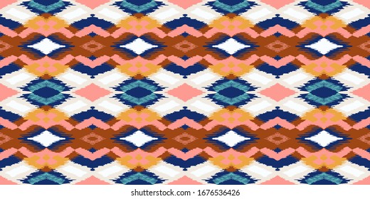 Ikat geometric folklore ornament with diamonds. Tribal ethnic vector texture. Seamless striped pattern in Aztec style. Folk embroidery. Indian, Scandinavian, Gypsy, Mexican, African rug.