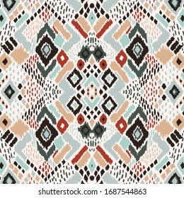 Ikat geometric folklore ornament with diamonds. Tribal ethnic vector texture. Seamless striped pattern in Aztec style. Folk embroidery. Indian, Scandinavian, Gypsy, Mexican, African rug. 