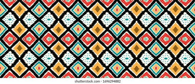 Ikat geometric folklore ornament with diamonds. Tribal ethnic vector texture. Seamless striped pattern in Aztec style. Folk embroidery. Indian, Scandinavian, Gypsy, Mexican, African rug.