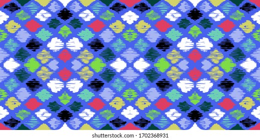 Ikat geometric folklore ornament with diamonds. Tribal ethnic vector texture. Seamless striped pattern in Aztec style. Folk embroidery. Indian, Scandinavian, Gypsy, Mexican, African rug.