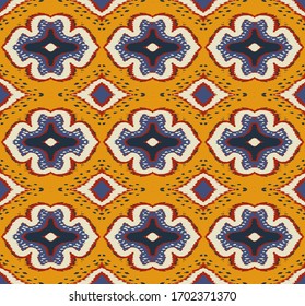 Ikat geometric folklore ornament with diamonds. Damask rug. Tribal ethnic vector texture. Persian geo print. Seamless pattern in Aztec style. Folk embroidery. Gypsy, Mexican, African print. 