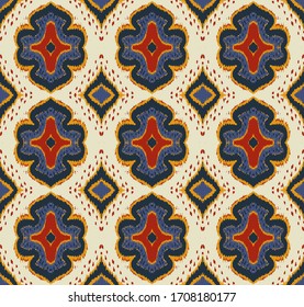 Ikat geometric folklore ornament with diamonds. Damask rug. Tribal ethnic vector texture. Persian geo print. Seamless pattern in Aztec style. Folk embroidery. Gypsy, Mexican, African print. 