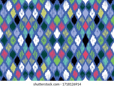 Ikat geometric folklore ornament with diamonds. Tribal ethnic vector texture. Seamless striped pattern in Aztec style. Folk embroidery. Indian, Scandinavian, Gypsy, Mexican, African rug.